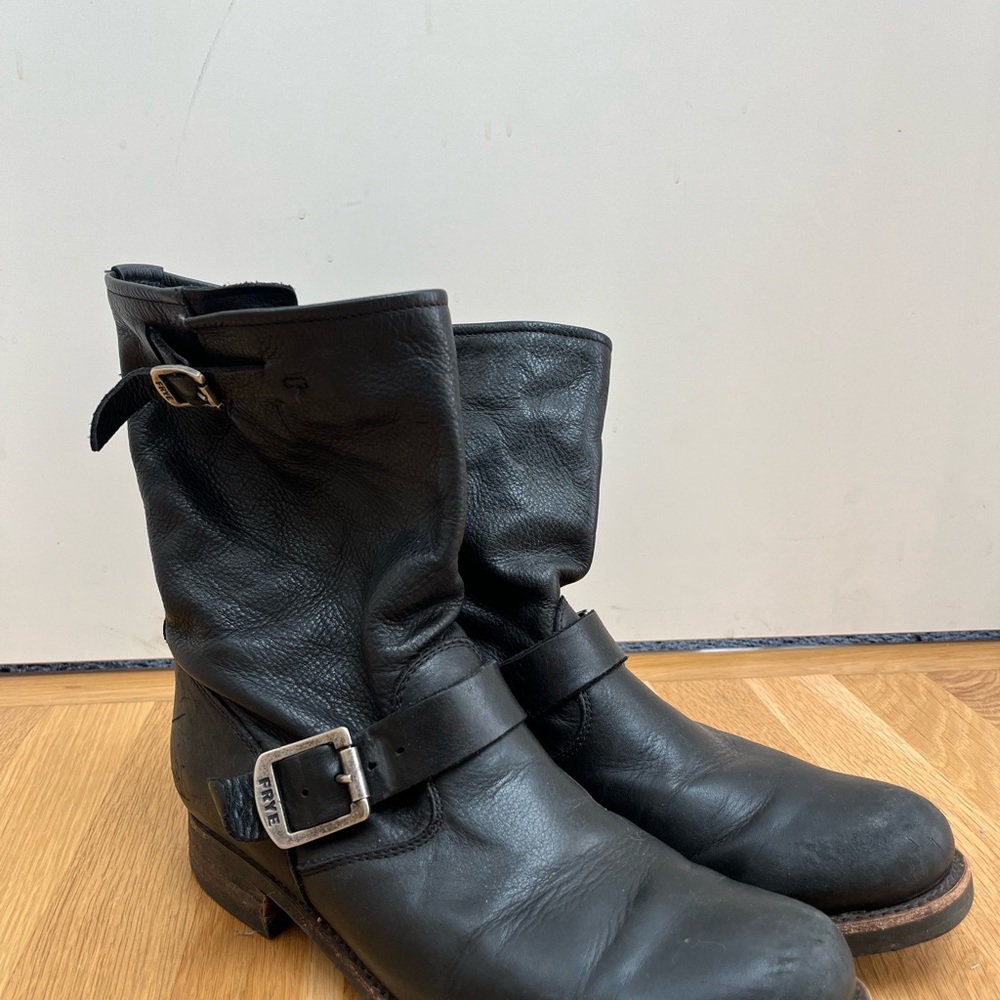Frye Black Leather Engineer Boots with Buckle Detail